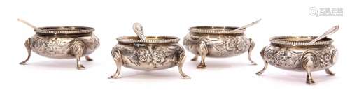 Four Victorian cauldron salts, each with beaded rims, floral and foliate embossed bodies with vacant