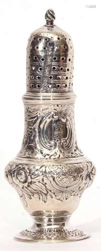 George III caster of baluster form with pierced pull off cover with cast and applied finial and