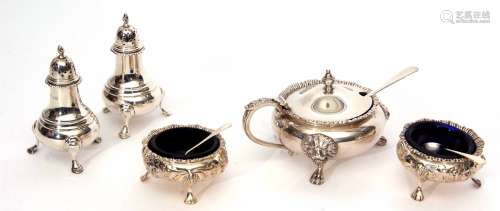Composite five piece cruet set comprising two cauldron salts, two baluster peppers and a lidded
