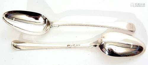 Two early George III Old English feathered edge pattern table spoons with shoulders, (erased),