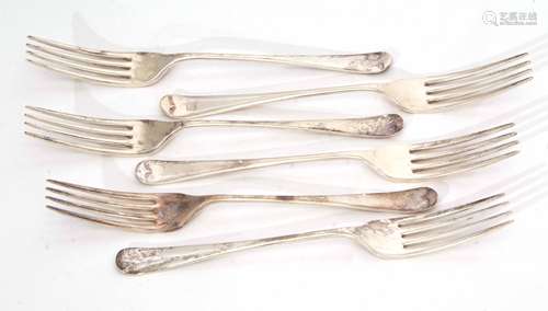 Six George VI Old English pattern dessert forks, length 16.5cm, combined weight approx 203gms,