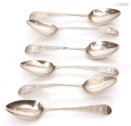 Six George III Old English pattern tea spoons with long drop bowls and later engraved handles and