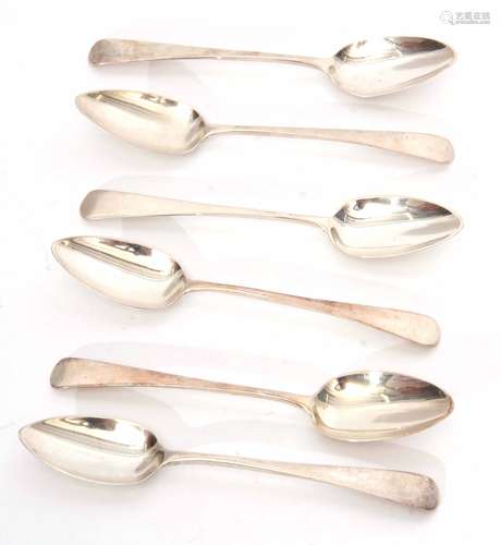 Six George III Old English pattern tea spoons, length 13cm, combined weight approx 79gms, London