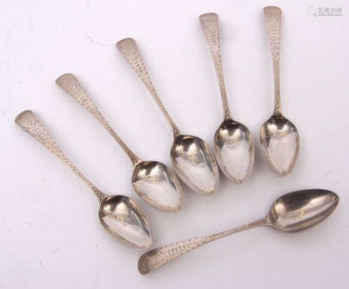 Six George III bright cut Old English pattern tea spoons with long drop bowls, initialled, length 12