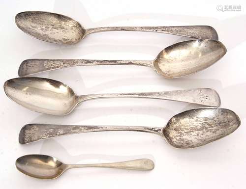 Four George III Old English pattern table spoons, initialled (bowls worn), length 21cm, combined