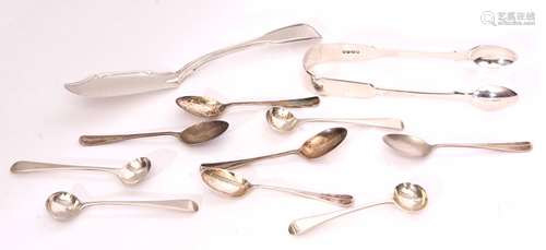 Mixed Lot: pair of Victorian Fiddle pattern sugar tongs, together with a single struck Fiddle and