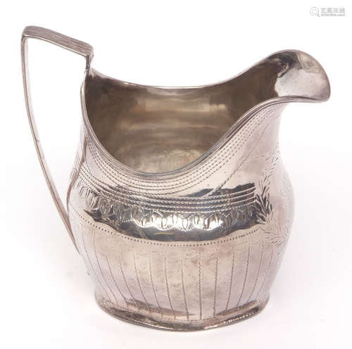 George III cream jug of helmet form with applied reeded border and handle (top handle mount and base