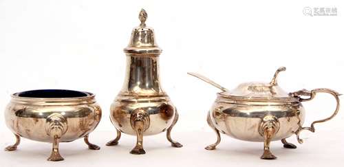 George V/George VI composite three piece cruet set comprising pepper caster,