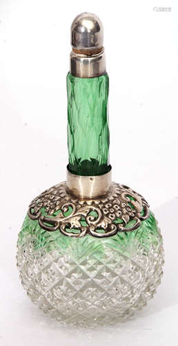 Late Victorian silver mounted globe and shaft toiletry bottle, the graduated green to clear glass