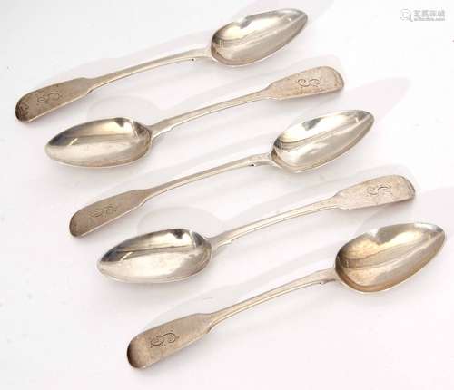 Five George IV Irish Fiddle pattern tea spoons with rat-tail bowls, initialled and further