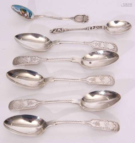 Mixed Lot: comprising five various engraved and initialled Fiddle pattern tea spoons, together