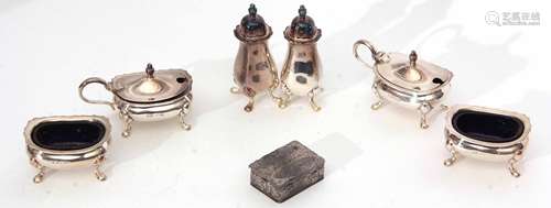 Mixed Lot: comprising an Elizabeth II six piece cruet set comprising two each pepper casters, lidded