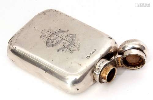 Late Victorian hip flask of rectangular form, the polished body with contemporary monogram to a