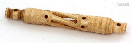 Late 19th/early 20th century carved bone needle case of pierced cylindrical form with fixed end with