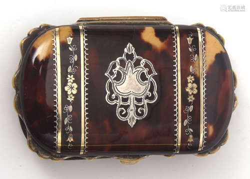 Late 19th century brass framed tortoiseshell and piquet work detailed concertina purse with purple