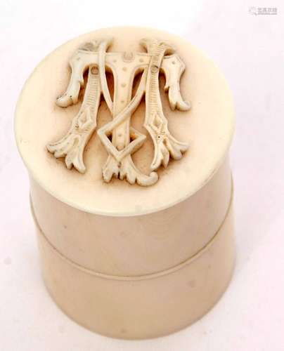 Late 19th/early 20th century ivory cylindrical canister, the pull off cover set with carved monogram