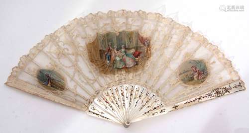 Late 19th century Continental mother of pearl and lace fan of 17 (of 18) stick construction, the