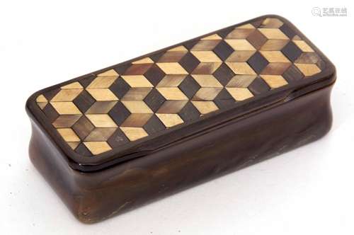 Late 19th century horn snuff box of rectangular form, the hinged cover with marquetry inlaid cube