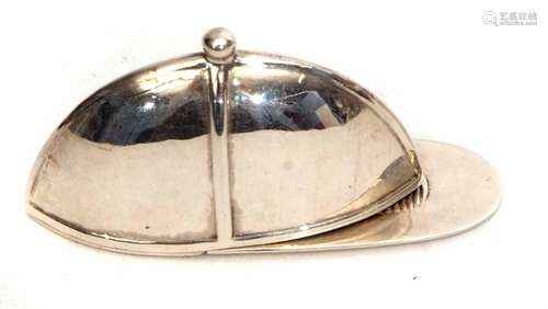 Modern white metal vesta case modelled in the form of a jockey's cap with hinged and sprung peak