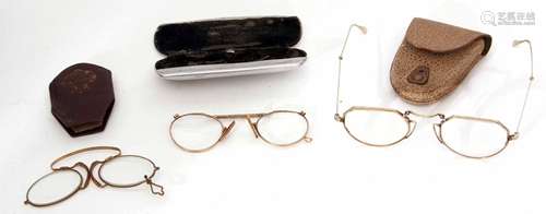 Mixed Lot: comprising a pair of gilt framed folding spectacles in a simulated shagreen case (clasp