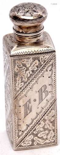 Victorian silver cased glass scent bottle, the square form body with all over engraved floral and