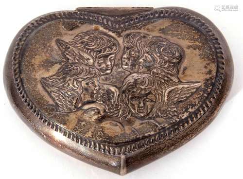 Late Victorian dressing table trinket box of heart shaped form, the hinged cover embossed with