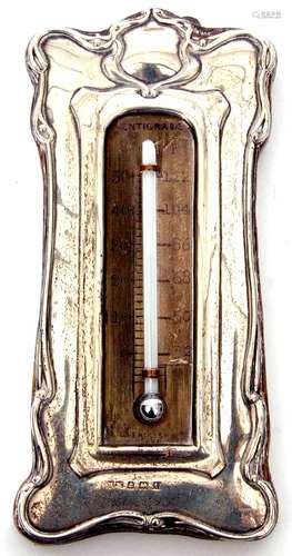 Edward VII silver mounted single scale mercury thermometer, the Art Nouveau type applied silver