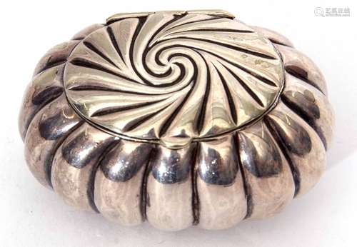 Late 19th century electro plated pill box of wrythen and lobed oval form with hinged cover, width