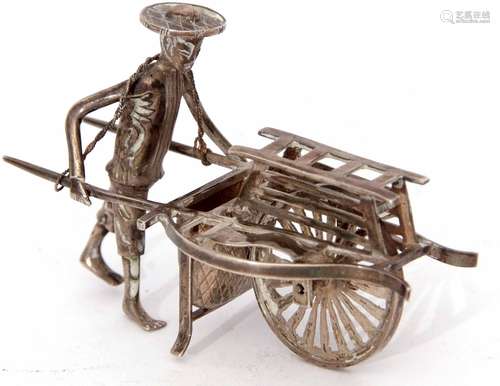 Early 20th century Chinese silver model of a street seller pushing a barrow marked to the base