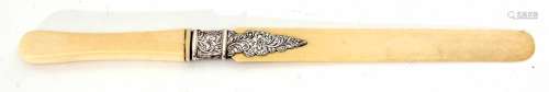 Late 19th century silver mounted ivory paper knife, the plain and polished blade to a floral and