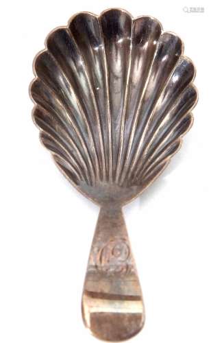George IV Old English pattern caddy spoon with initialled handle and scalloped bowl, length 8cm,