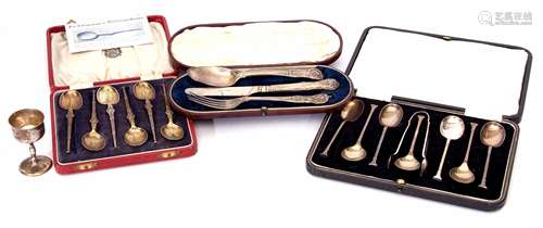 Mixed Lot: comprising a cased set of six silver gilt anointing spoon type tea spoons, together