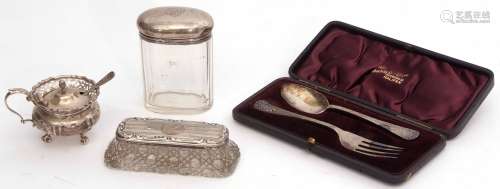 Mixed Lot: comprising a cased christening spoon and fork together with two silver lidded and clear