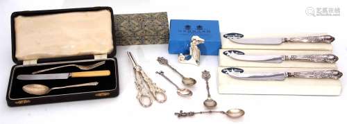 Mixed Lot: comprising cased silver three piece christening set together with three various silver