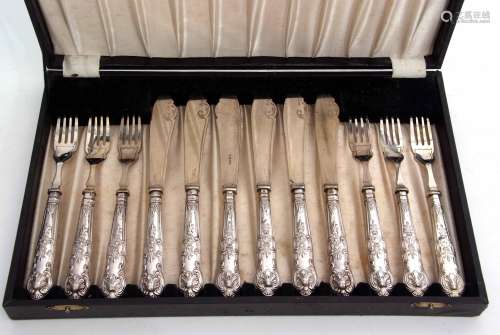 Cased set of six each fish knives and forks, each with Kings handled hollow cast and applied