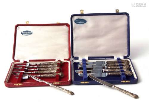 Mixed Lot: cased set of six handled pastry forks, together with a further cased set of six Kings