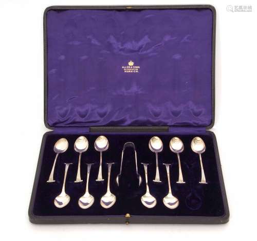 Cased set of 11 (of 12) coffee spoons, Onslow type pattern, together with matching sugar tongs,