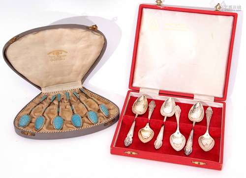 Mixed Lot: comprising a cased set of six Norwegian silver gilt and enamelled coffee spoons, each