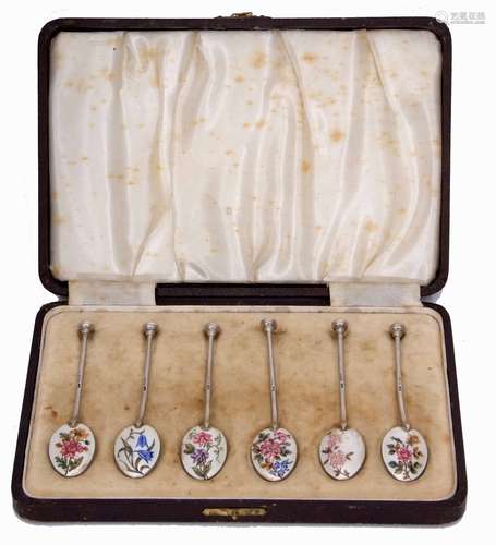 Cased set of six George VI silver and enamelled coffee spoons, each with wire work handles and