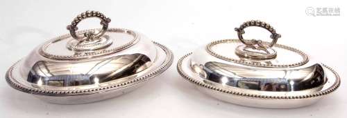 Two early 20th century electro-plated serving dishes each of oval form with beaded rims, pull off