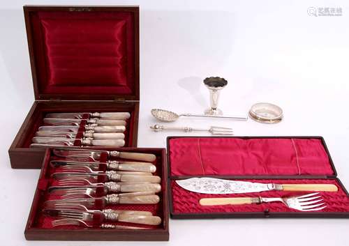 Mixed Lot: comprising a late 19th century cased set of 12 each mother of pearl handled dessert