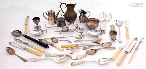 Mixed Lot: comprising cruet pieces, sugar and milk jug, mustard pot, assorted flatwares and