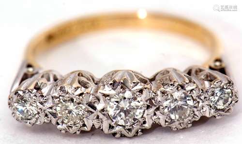 Precious metal five stone diamond ring, featuring five graduated diamonds, all in star engraved