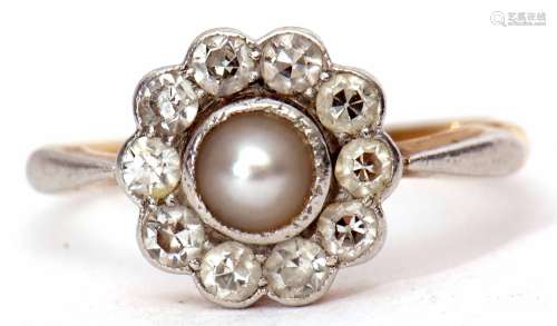Antique grey pearl and diamond cluster ring, the collet set central grey pearl within a surround