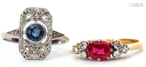 Mixed Lot: Art Deco style sapphire and diamond ring featuring a bezel set circular cut sapphire in a
