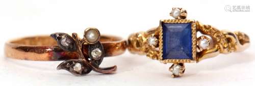 Mixed Lot: 22ct gold diamond, seed pearl and floral ring, together with a blue stone and seed