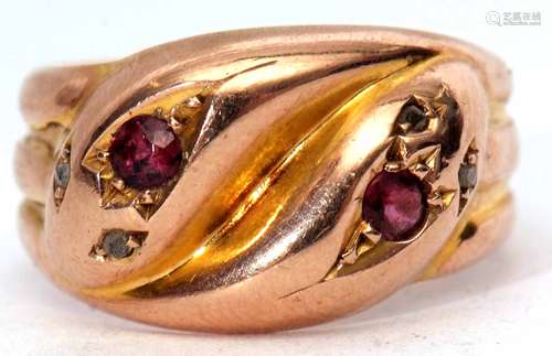 Early 20th century 9ct gold garnet and diamond serpent ring, design as two serpent heads, each