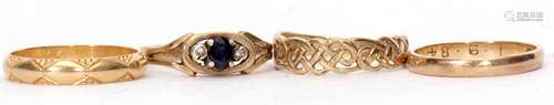 Mixed Lot: two 9ct plain gold rings, a modern 9ct gold sapphire and diamond ring and a plain