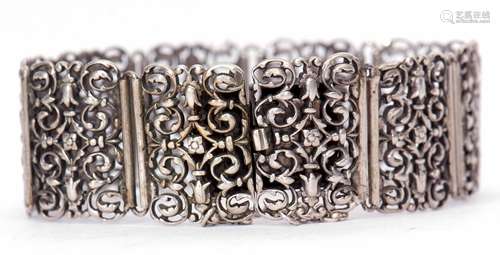 Vintage white metal bracelet, a pierced panelled design comprising ten rectangular links, 27.8gms