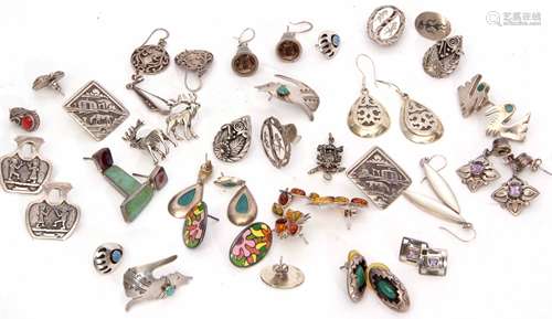 Mixed Lot: quantity of white metal earrings, enamel, amber and hardstone set